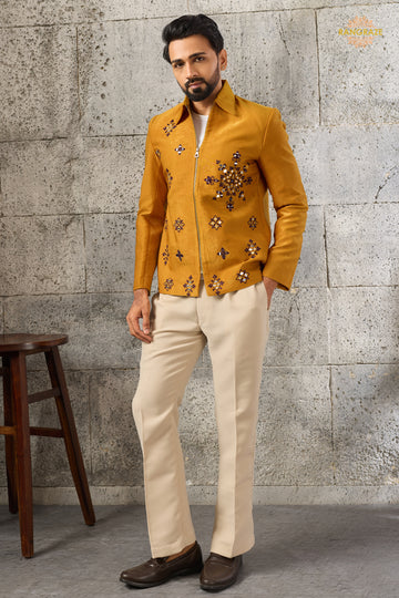Yellow Embroidered Velvet Men Jacket and Pant Set with Mirror Work