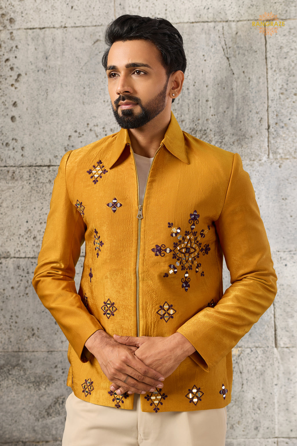 Yellow Embroidered Velvet Men Jacket and Pant Set with Mirror Work