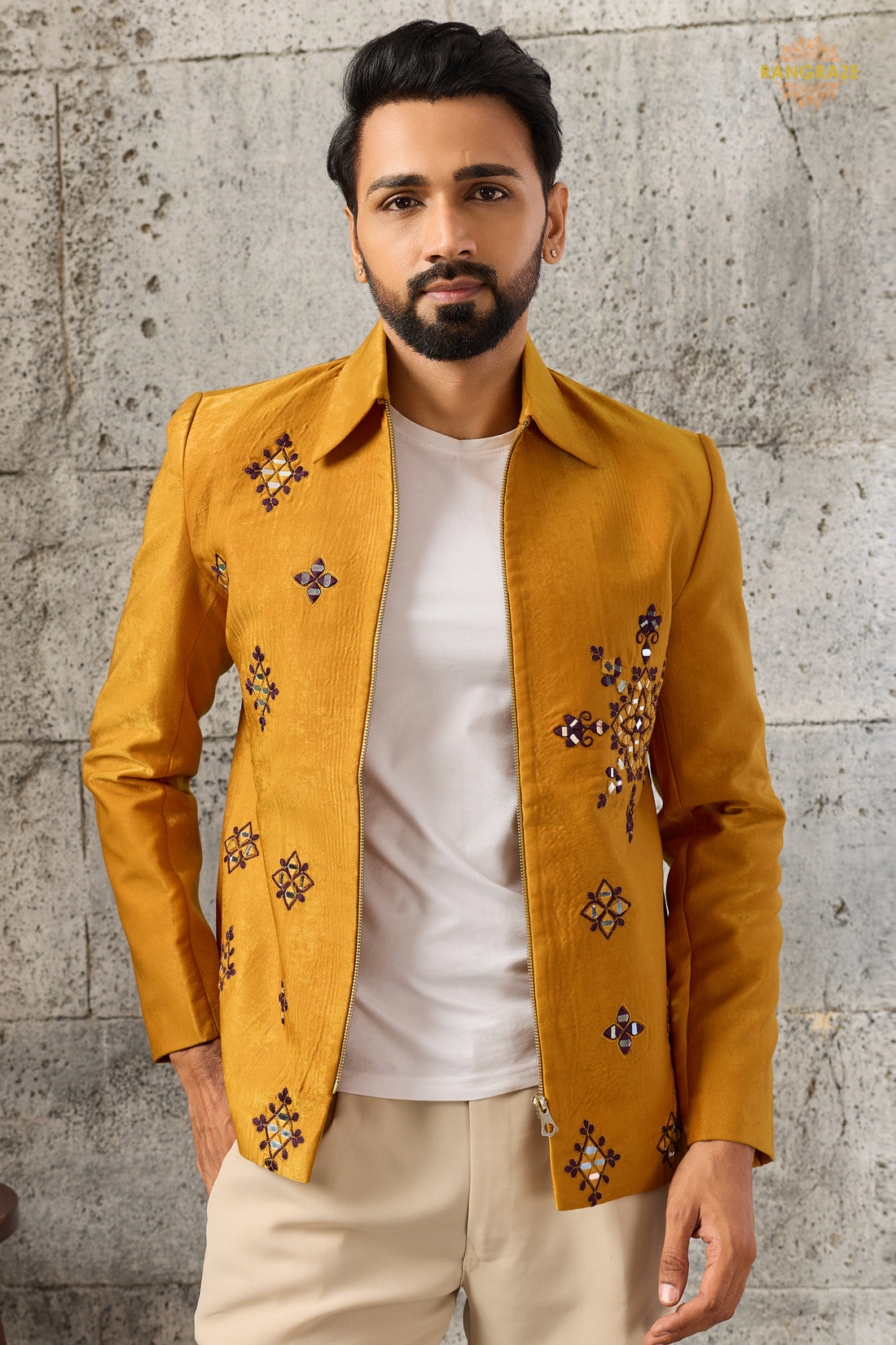 Yellow Embroidered Velvet Men Jacket and Pant Set with Mirror Work