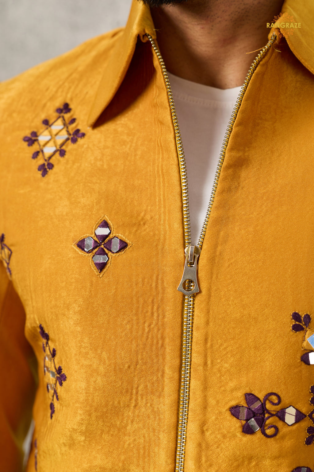 Yellow Embroidered Velvet Men Jacket and Pant Set with Mirror Work