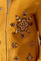 Yellow Embroidered Velvet Men Jacket and Pant Set with Mirror Work