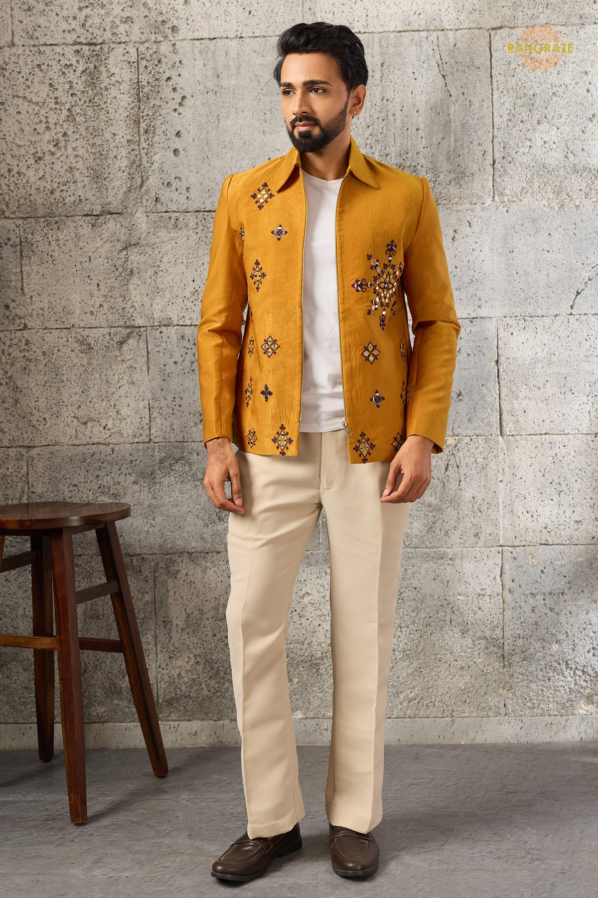 Yellow Embroidered Velvet Men Jacket and Pant Set with Mirror Work