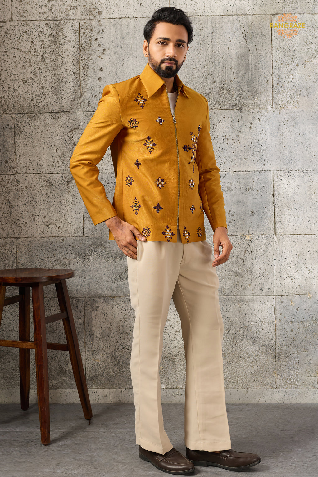 Yellow Embroidered Velvet Men Jacket and Pant Set with Mirror Work