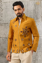 Yellow Embroidered Velvet Men Jacket and Pant Set with Mirror Work