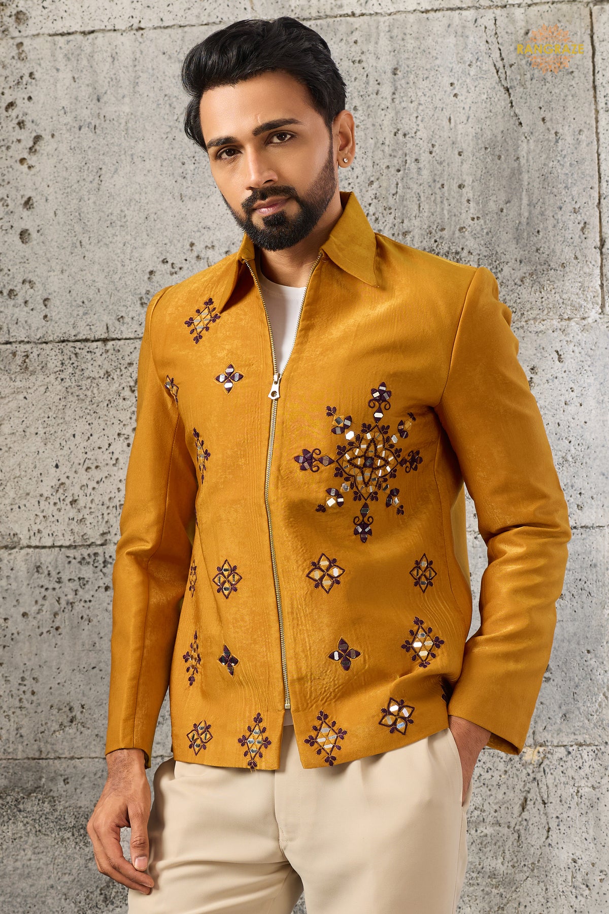 Yellow Embroidered Velvet Men Jacket and Pant Set with Mirror Work